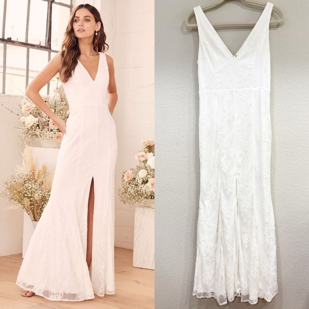 NWOT Lulus Romantic Promises White Lace Mermaid Maxi Dress
